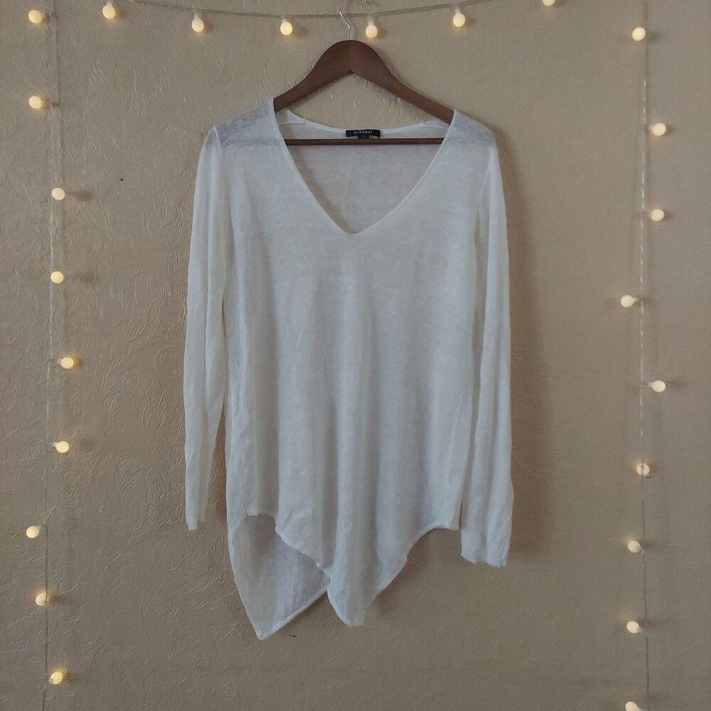 Acrobat White 100% Linen Tunic Top Long Sleeve V-neck Asymmetrical Sz Small